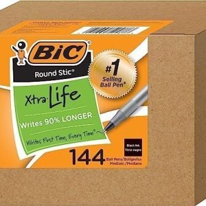 BIC Round Stic Xtra Life Ballpoint Ink Pens, Medium Point (1.0mm), Black Pens, Flexible Round Barrel For Writing Comfort, 144-Count